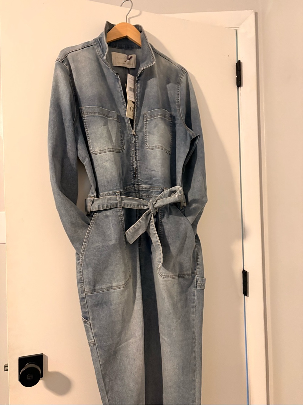 Light Wash Denim Utility Jumpsuit Jacket with Tie Belt NWT